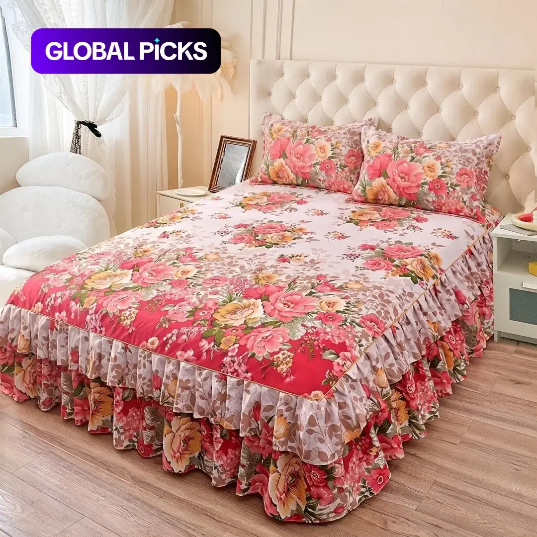 Floral Print Ruffled Edge Bed Skirt Set, 3-Count Soft Household Bedding Set Including 1 Bed Skirt and 2 Pillowcases without Filler, Comfy Decorative Bedding for Home Bedroom Bedskirt Set #GLOBAL PICKS
