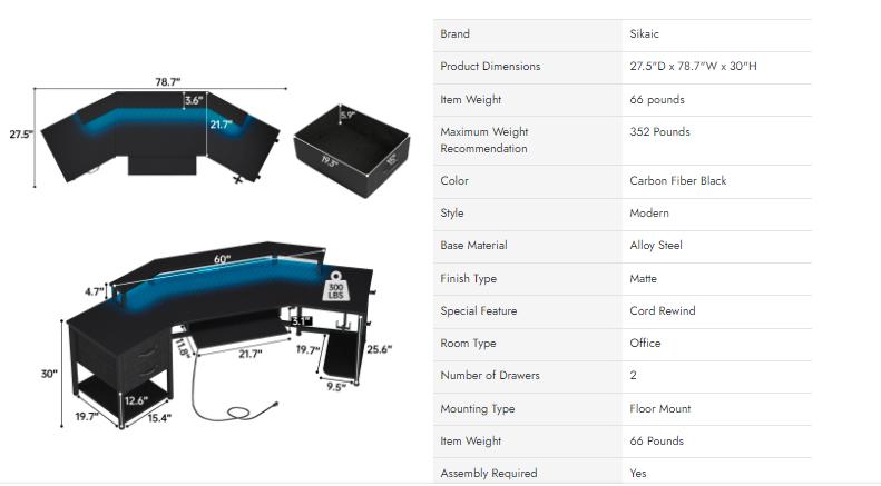 Sikaic 79 Inches Wing Shaped LED Gaming Desk With 2 Fabric Drawers Storage Shelf Stable Tabletop Wood Workstation