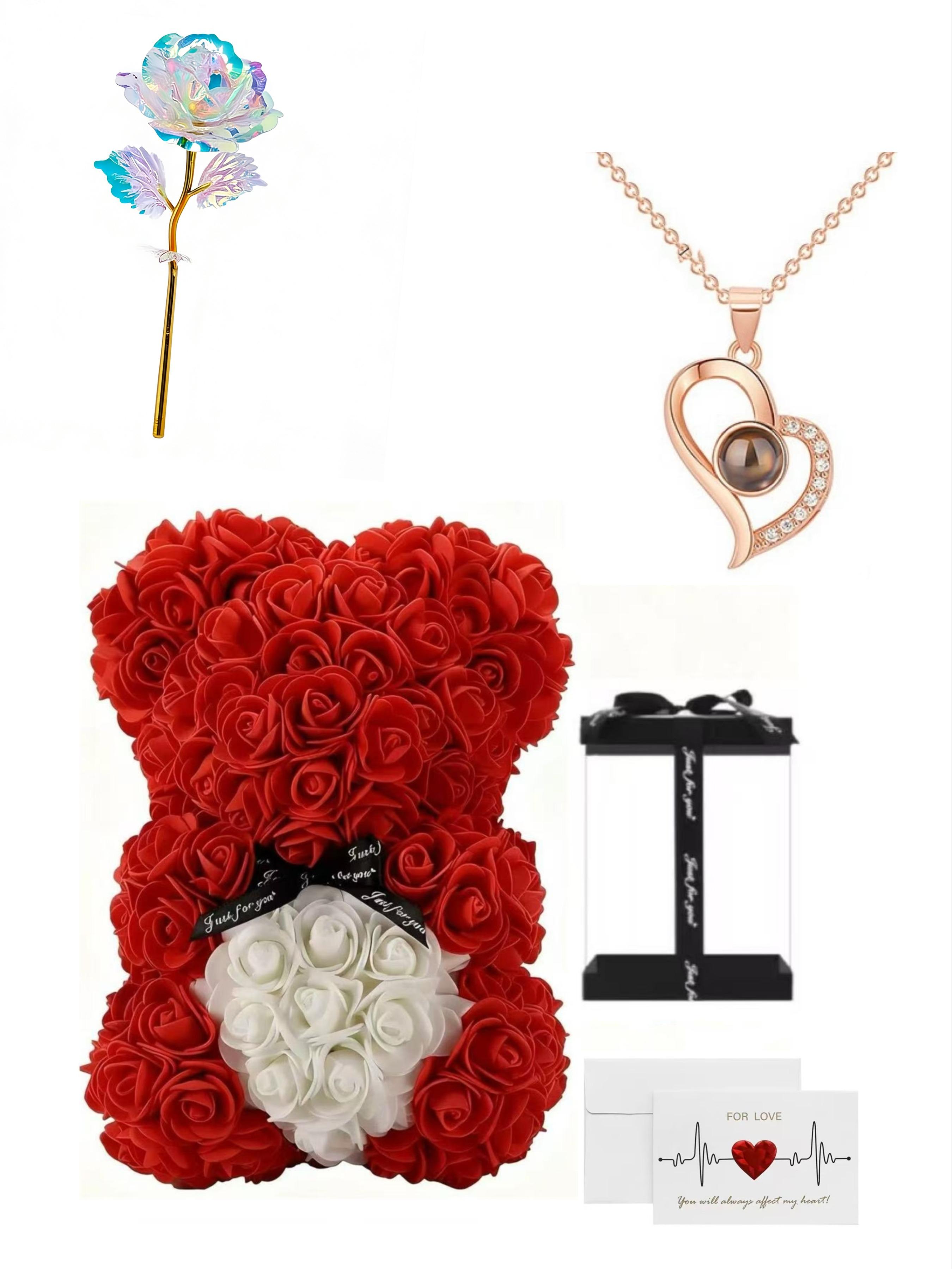 100 Languages 520 Necklace, Gold Foil Rose Flower Bear Gift, Mother's Day, Qixi Festival, Birthday Present for Mom, Girlfriend, Friend