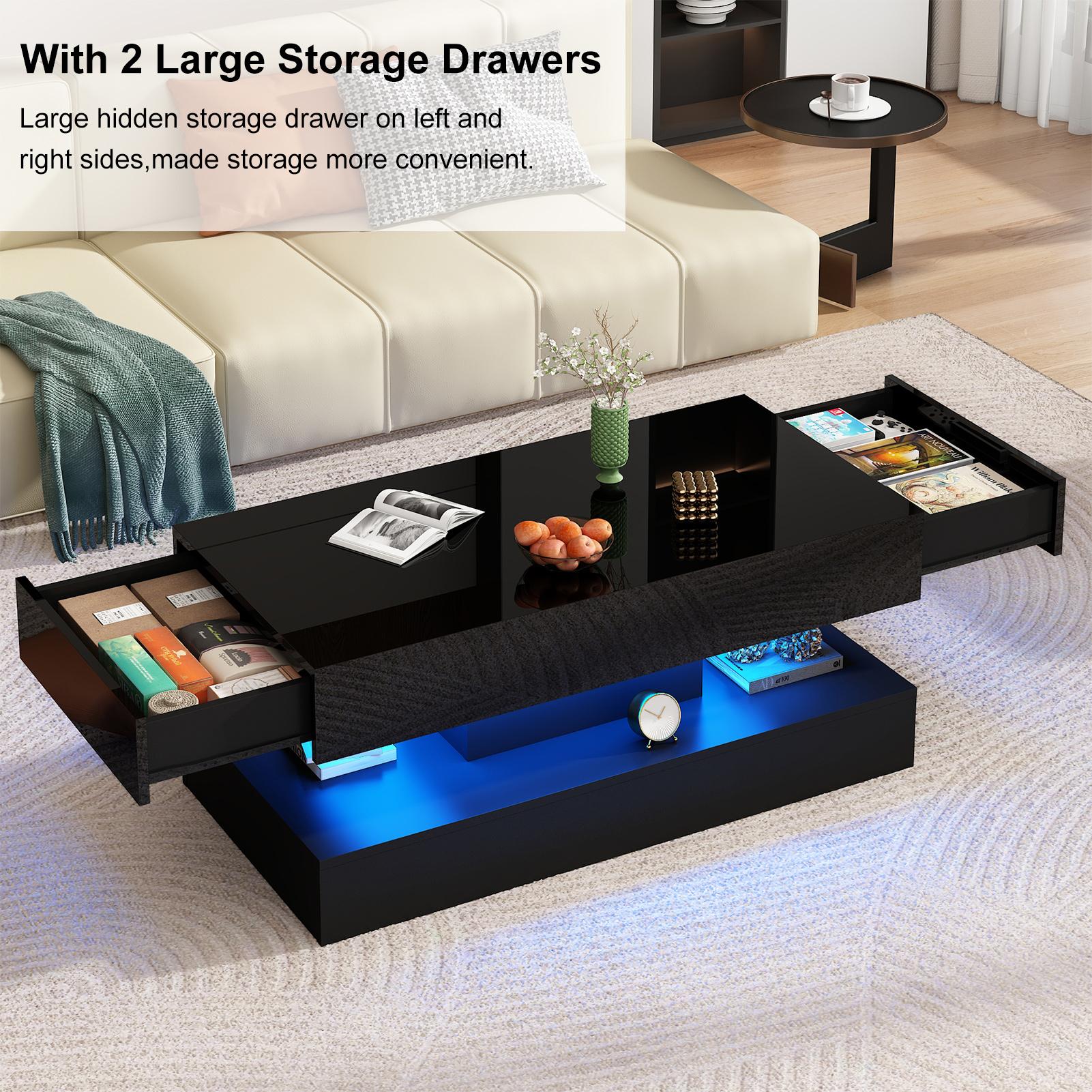 LED Coffee Table with 2 Storage Drawers, Modern High Gloss Black Coffee Table w/20 Colors LED Lights, 2 Tiers Rectangle Center Table for Living Room with Marbling Print, APP Control, Black/White