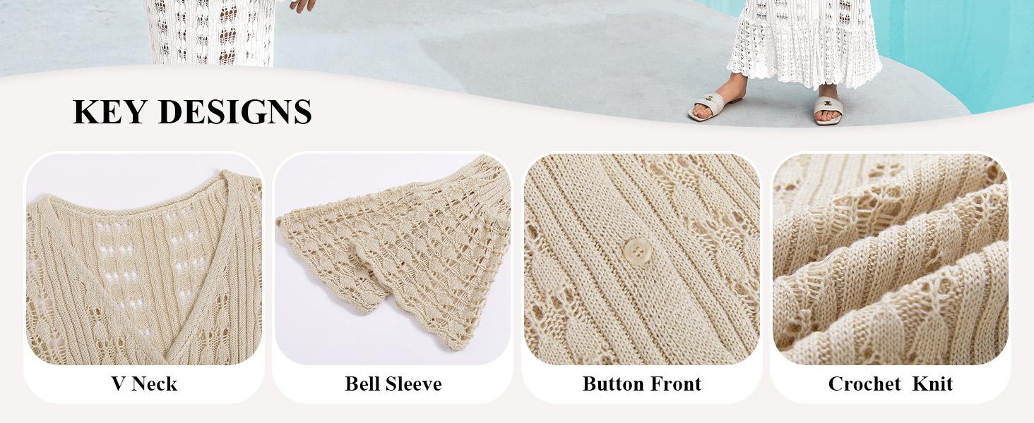 Saodimallsu Women's Basic Crocheted Cotton Cardigan Tops, Boho Crochet Knit Duster with Long Bell Sleeves, Ruffle Detail, Button-Front Beachwear Cover-Up Clothes