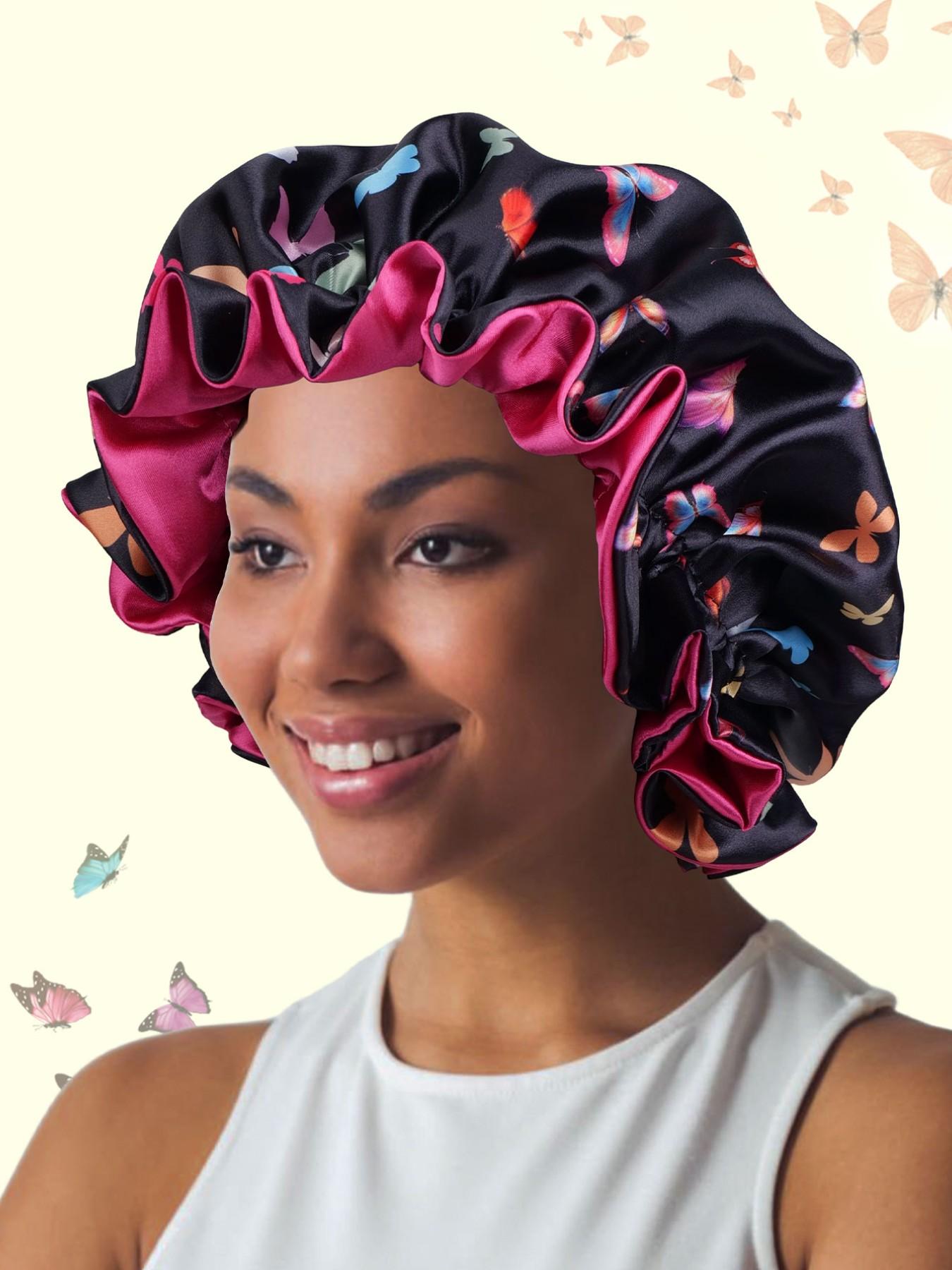 Soft Butterfly Print Sleep Cap for Unisex, Elegant Fashionable Sleep Hat, Beauty Makeup, Adjustable Wide Brim Bath Cap