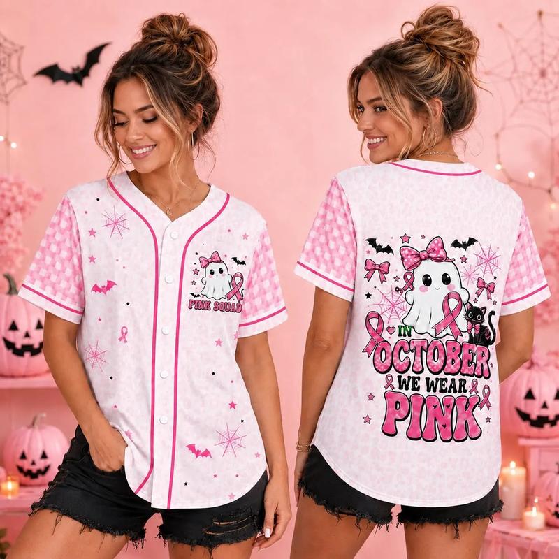 Breast Cancer Awareness Ghost Theme Baseball Jersey - Adult Youth, Multi-Size Regular Fit, Pink Ribbon October Halloween Shirt, Gift for Her Mom