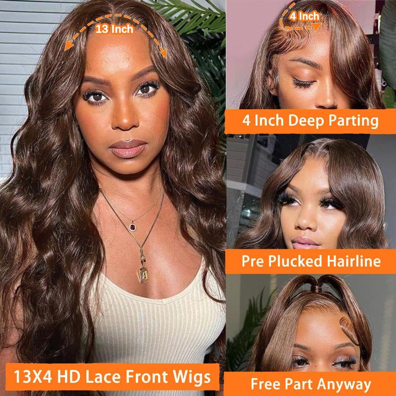 Chocolate Brown Lace Frontal Wigs Human Hair 13x4 Body Wave Lace Front Wigs for Women 180% Density Glueless Wigs pre Plucked with Baby Hair
