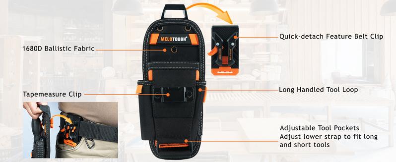 MELOTOUGH Small Tool Pouch with Quick Release Belt Clip Heavy Duty 600D Material 8 Pockets Electrician Tape Holder for Technicians & Maintenance Workers Rugged Construction Durability