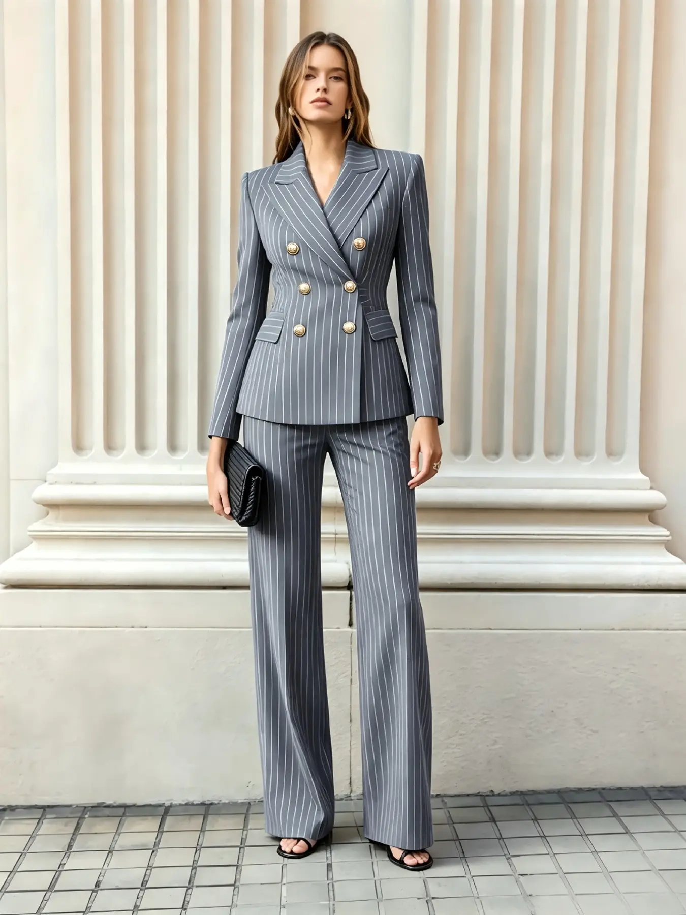 Elegant Striped Suit Set for Women, Double-Breasted Waistcoat and Wide-Leg Pants, Casual Fall & Winter Office Wear