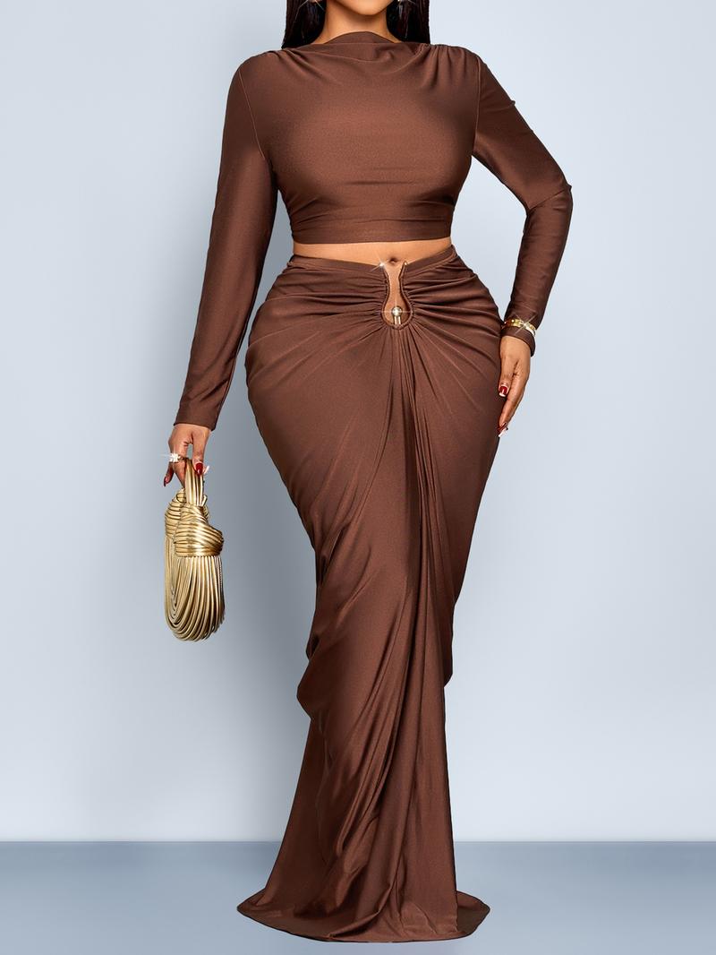 Elegant Women's Two-Piece Set, Fall & Winter High Waist Ruched Skirt, Long Sleeve Round Neck Top, Plain Color, Plus Size Fashion