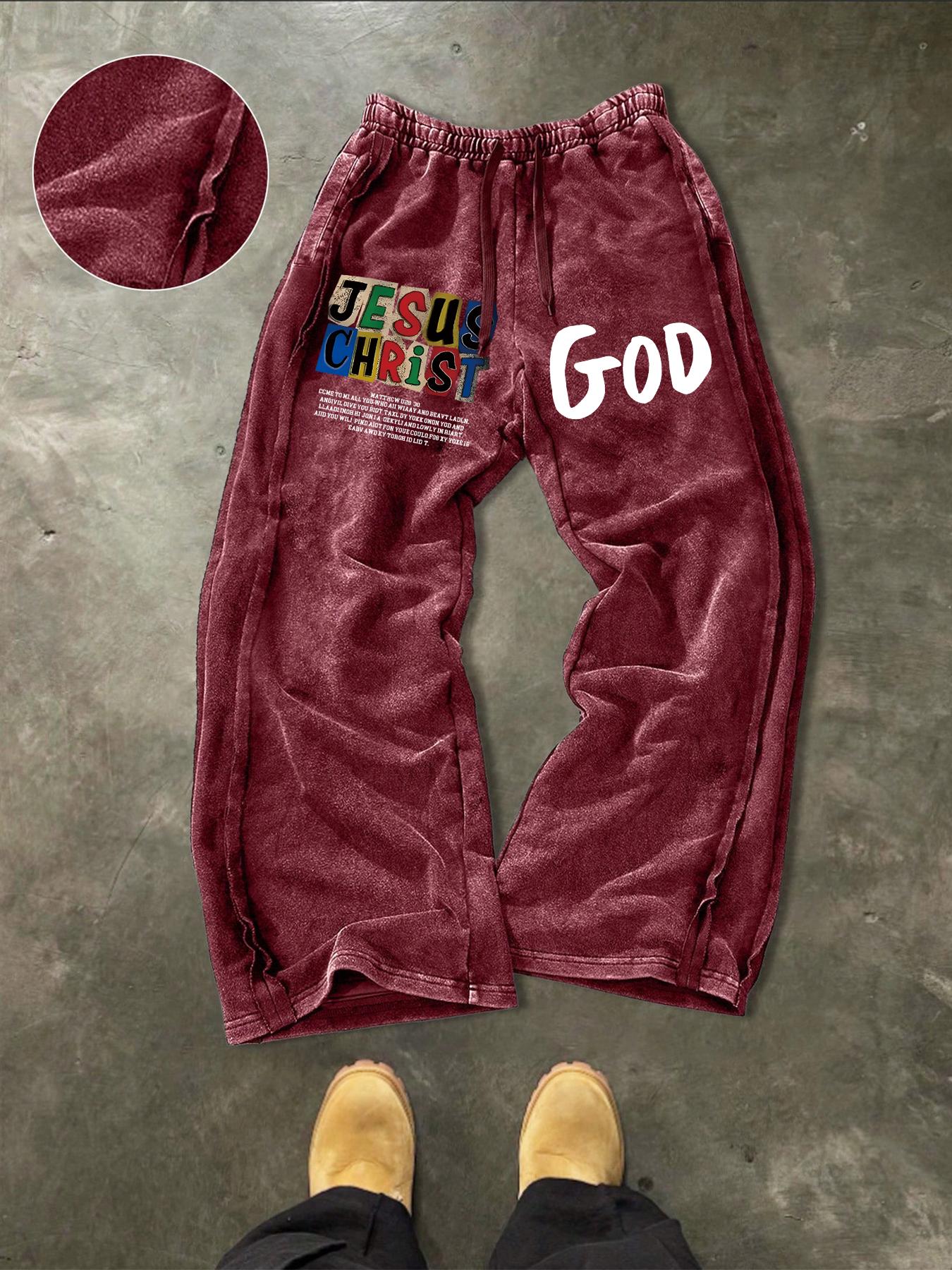 Men's Washed Cotton Sweatpants, Side Hem Stitching Long Pants, Jesus Print, Multiple Colors Available, Casual Fitted H-Type