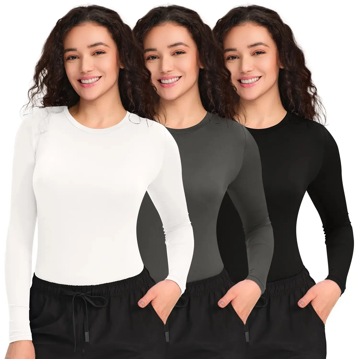 3 Pack Long Sleeve Scrub Undershirts for Women - Comfort Underscrub Tee