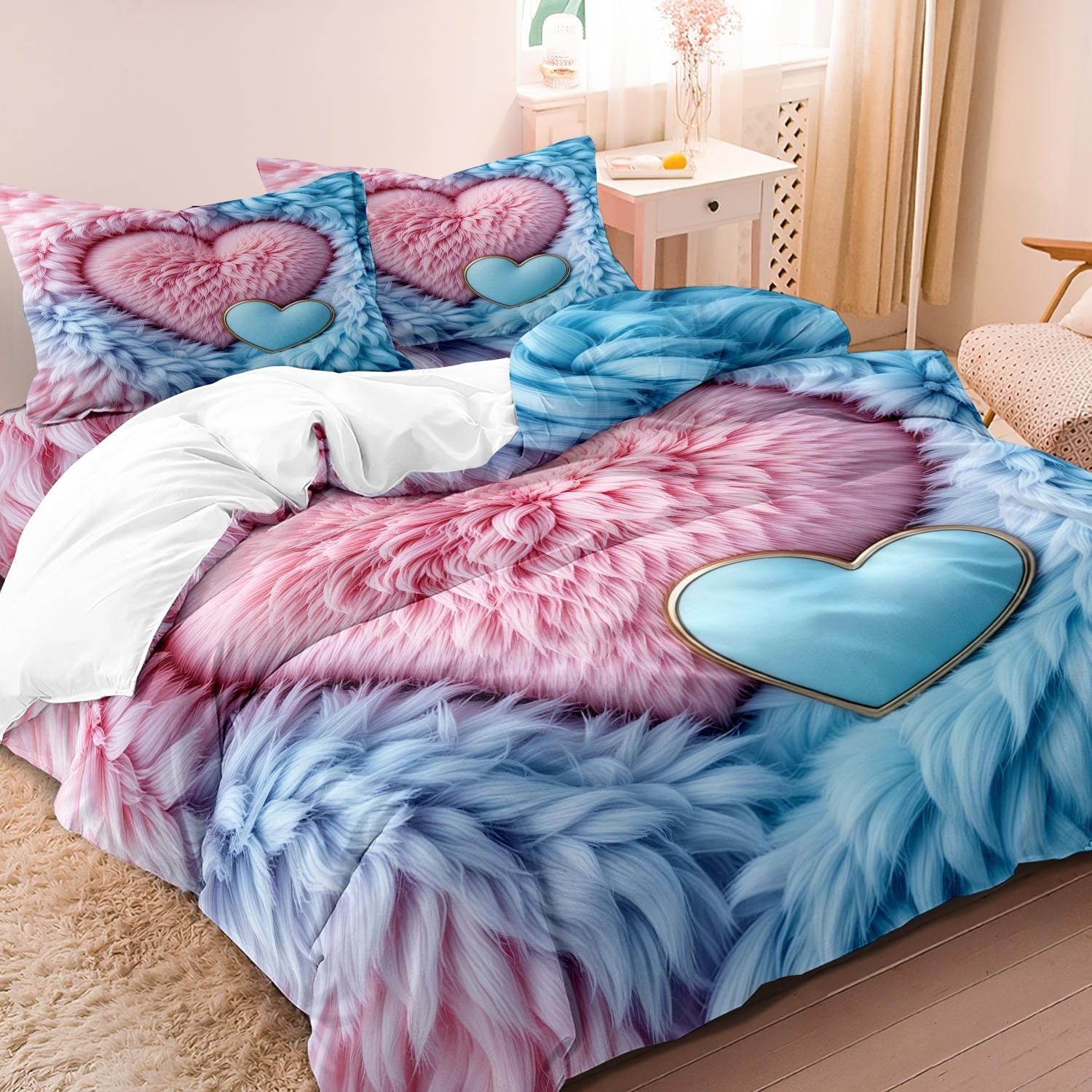 3pc Pink and Blue Heart Digital Print Duvet Cover Set, Bed Sets Supplies, includes 1 duvet cover and 2 pillowcases, suitable for single, double, queen beds, bedrooms, guest rooms, dormitories, hotels