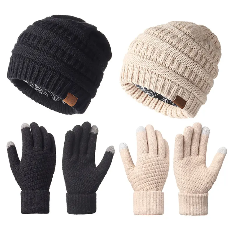 Winter Hat and Gloves for Women Fleece Lined Knit Beanie Touchscreen Gloves Warm Hat Set for Cold Weather