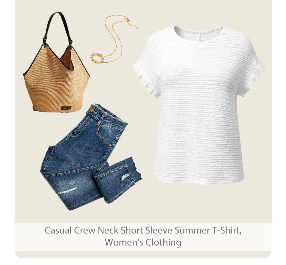 Shewin 2026 Spring/Summer Outfit Womens Short Sleeve Tops Round Neck Ruffle Casual Textured Work T Shirts Tee Blouse Basic Fitted Crewneck - Womenswear SpringStatements
