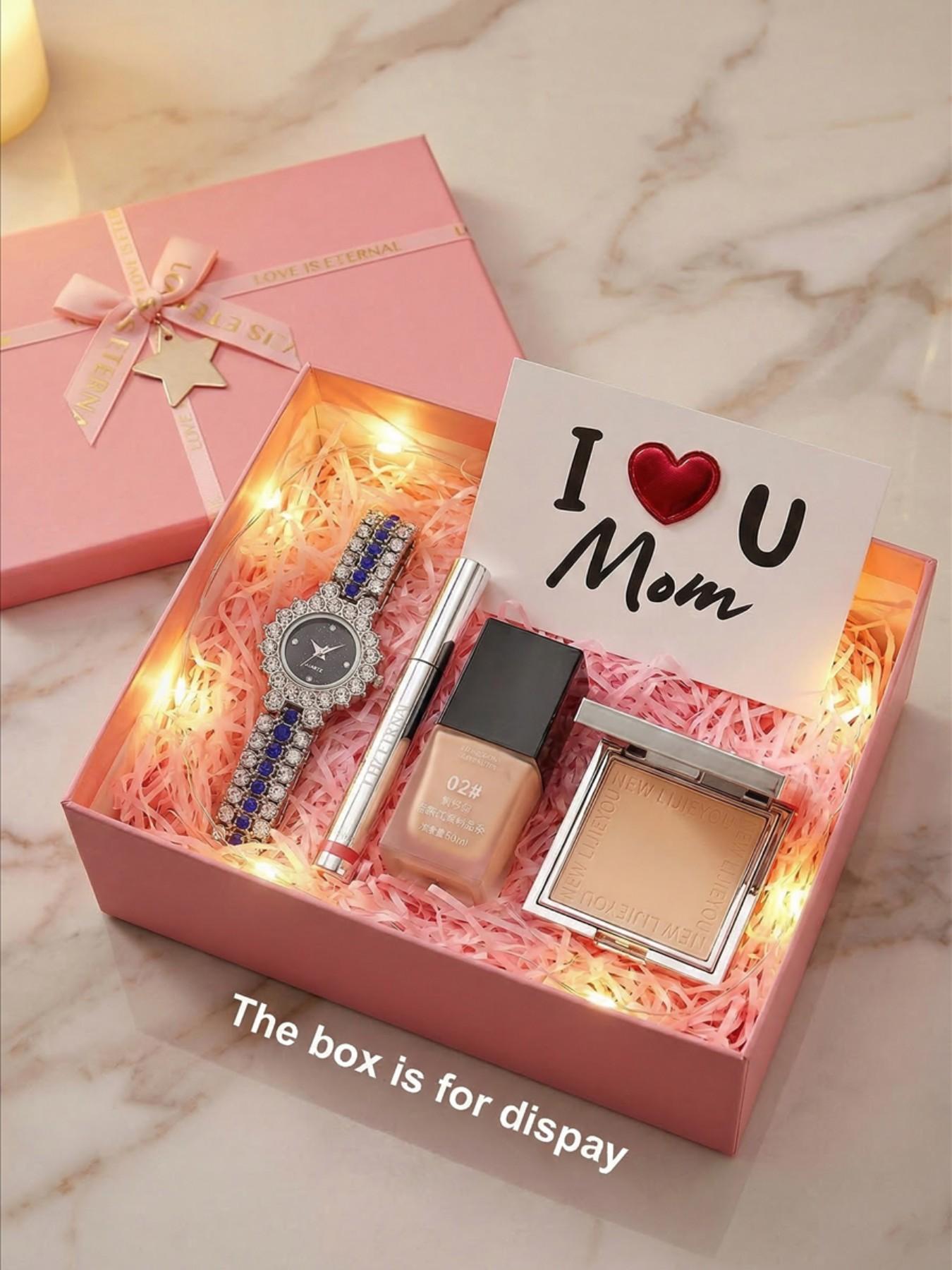 Mother's Day Gift Set, Full Diamond Blue Sapphire Women's Watch, Lip Liner, Foundation, Powder Compact, Silver Color Case, Casual Style