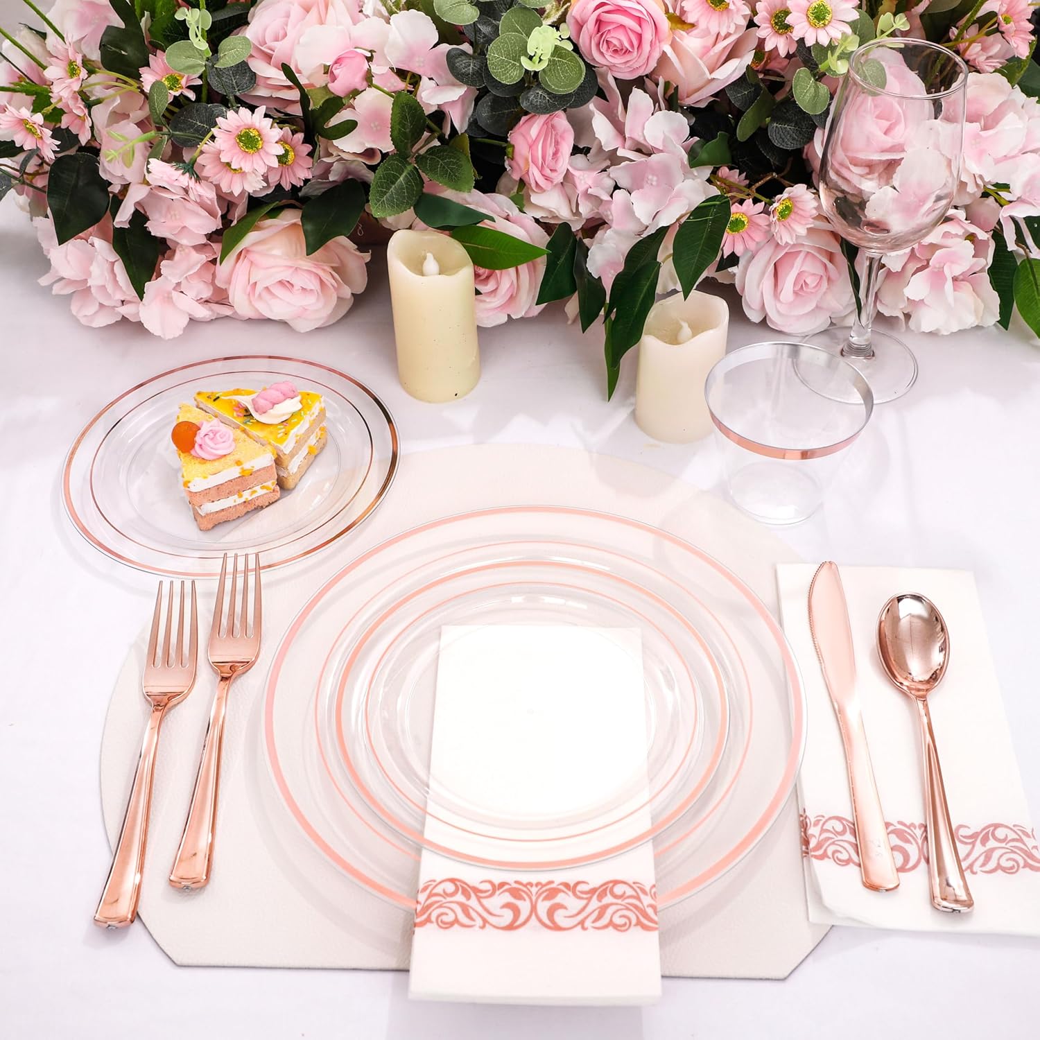 Gold/Silver/Rose Disposable Plates and Silverware Set: Dinner Plates,Dessert Plates, Cups,Napkins,Knife, forks, spoons-Perfect for Party Gold/Silver/Rose Disposable Plates and Silverware Set: Dinner Plates,Dessert Plates, Cups,Napkins,Knife, forks, spoons-Perfect for Party