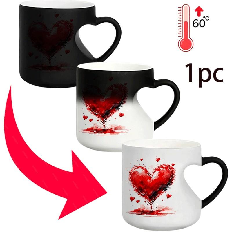 Heart-Shaped Color-Changing Mug - Thermosensitive Ceramic Mug, Changes color when hot drinks are poured in, White body decorated with red heart patterns, Fun gift mug, decorative mug, Novelty coffee mugs, Suitable for tea, cocoa