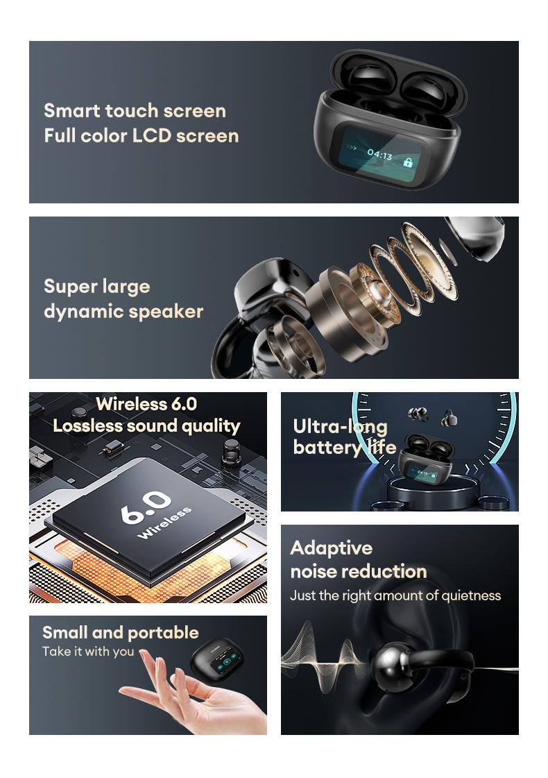 HYUNDAI C02 Clip On Ear Headphones with LCD Full Color Touch Screen, Audio Wireless Headphones for Music & Phone Calls