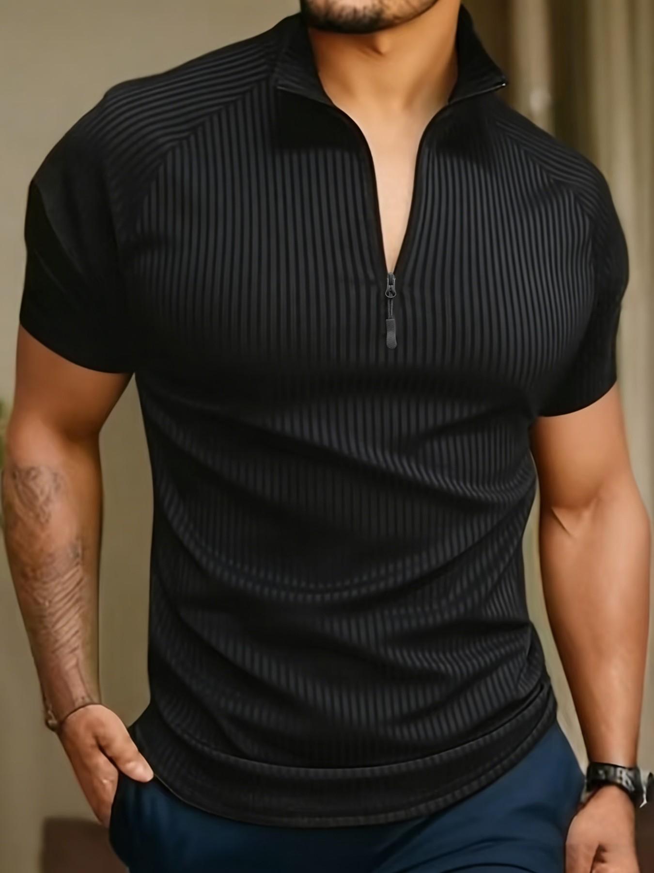 Men's Slim Fit Short Sleeve Quarter Zip Pullover, Quick-Dry Breathable Ribbed Sport T-Shirt, Ideal for Gym, Running, Casual Wear, All Seasons