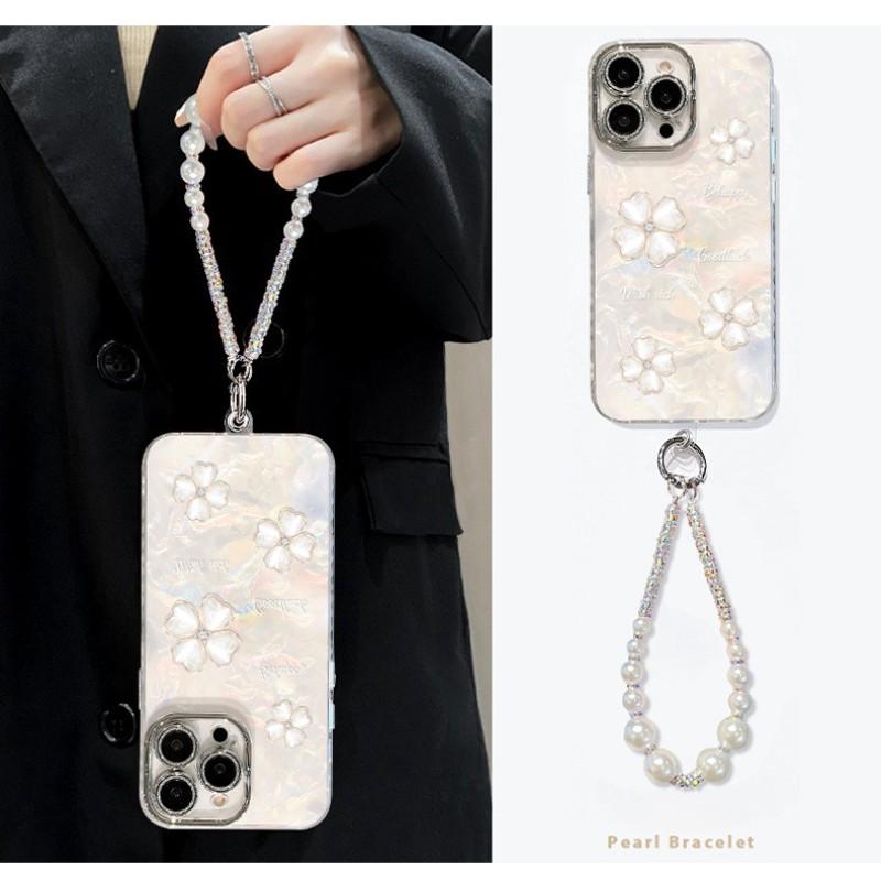 Elegant Pearl Chain Phone Case for iPhone 17 Series, 4 Leaf Clover Glitter Acrylic Cover, Luxury Aesthetic Shockproof Case for Women Girls