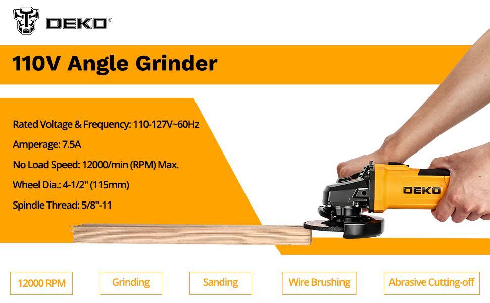 DEKO 110V Angle Grinder, 12,000 RPM, 7.5A, Ideal for Sanding, Grinding, Cutting, Professional Electric Tool. Portable Handle Heavy Duty Industrial