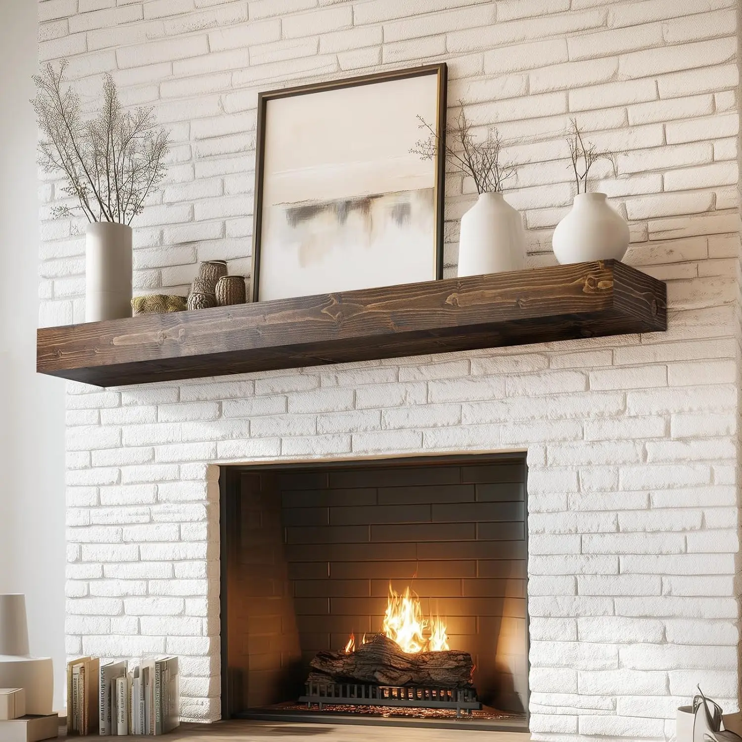 48x8x3in Rustic Fireplace Mantel Pine Wood, Weathered Brown Hollow Wooden Bracket, Wall Mount Design, Invisible Heavy Duty Support Bracket, Rustic Farmhouse Decor