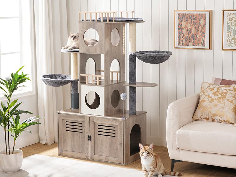 HOOBRO Cat Tree with Litter Box Enclosure, 31.5" L x 17.7" W x 57" H, Cat Tower with Hidden Litter Box, Cat Furniture for Indoor Cats, Cat Condos, Scratching Posts, Hammocks, Greige