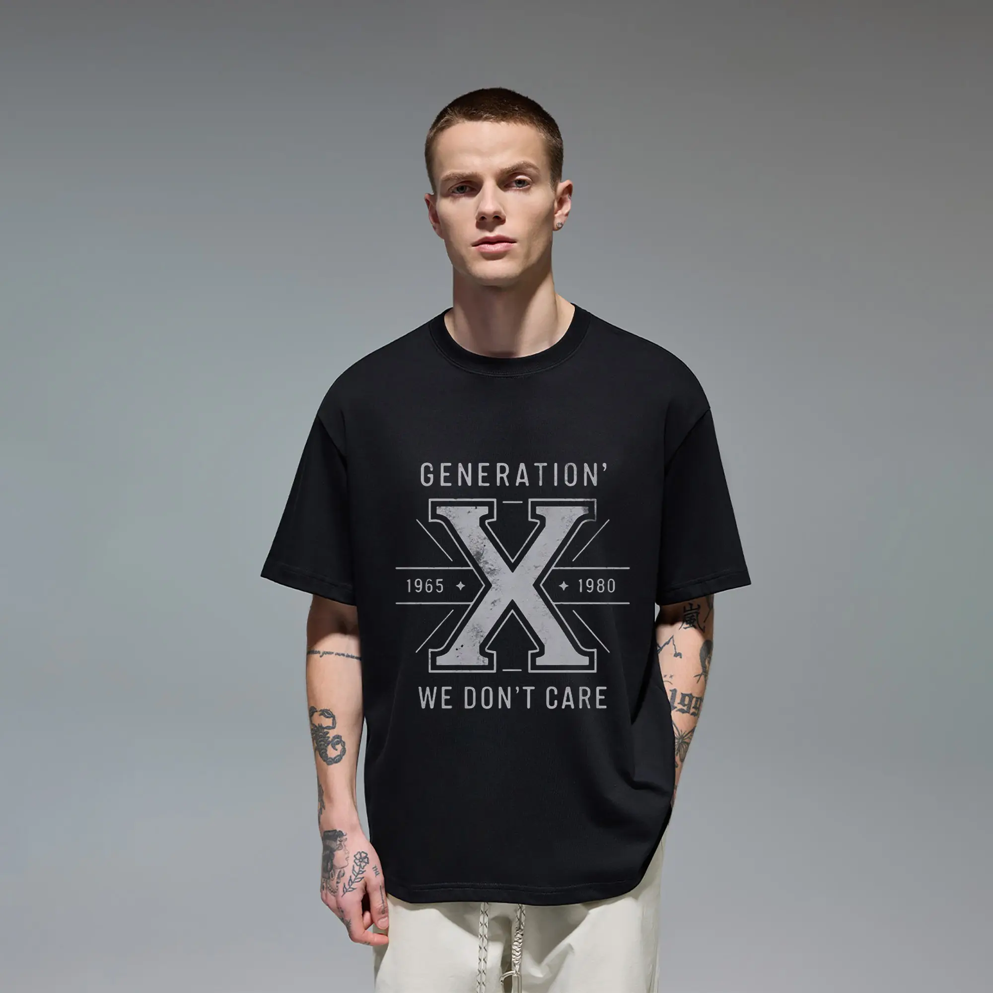Generation X 1965 1980 We Dont Care Retro Typography Original Oversized Cotton Graphic Tee T-Shirt for Men Gift Cutting Ideas Women 40th 50th Milestone Birthday Celebration Nostalgia Vibe Casual Everyday Wear Edgy Streetwear Outfit Top