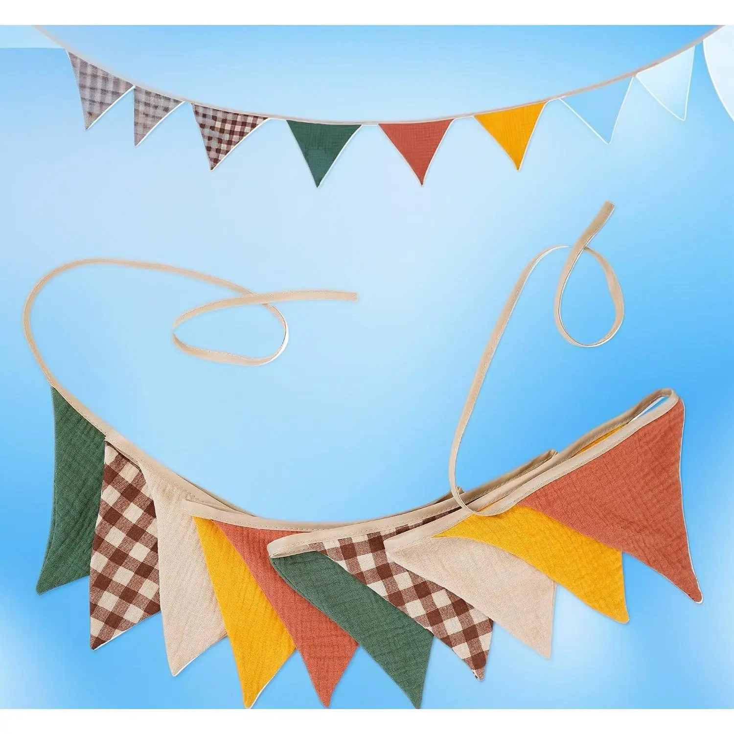 2Pcs Triangle Bunting Banner, Pre-Made Cotton Fabric Triangle Flag Garland Reusable Party Decor, 10 Flags Per Set, Brown Yellow Plaid, Boho Wedding Birthday Baby Shower Nursery Hanging Decoration