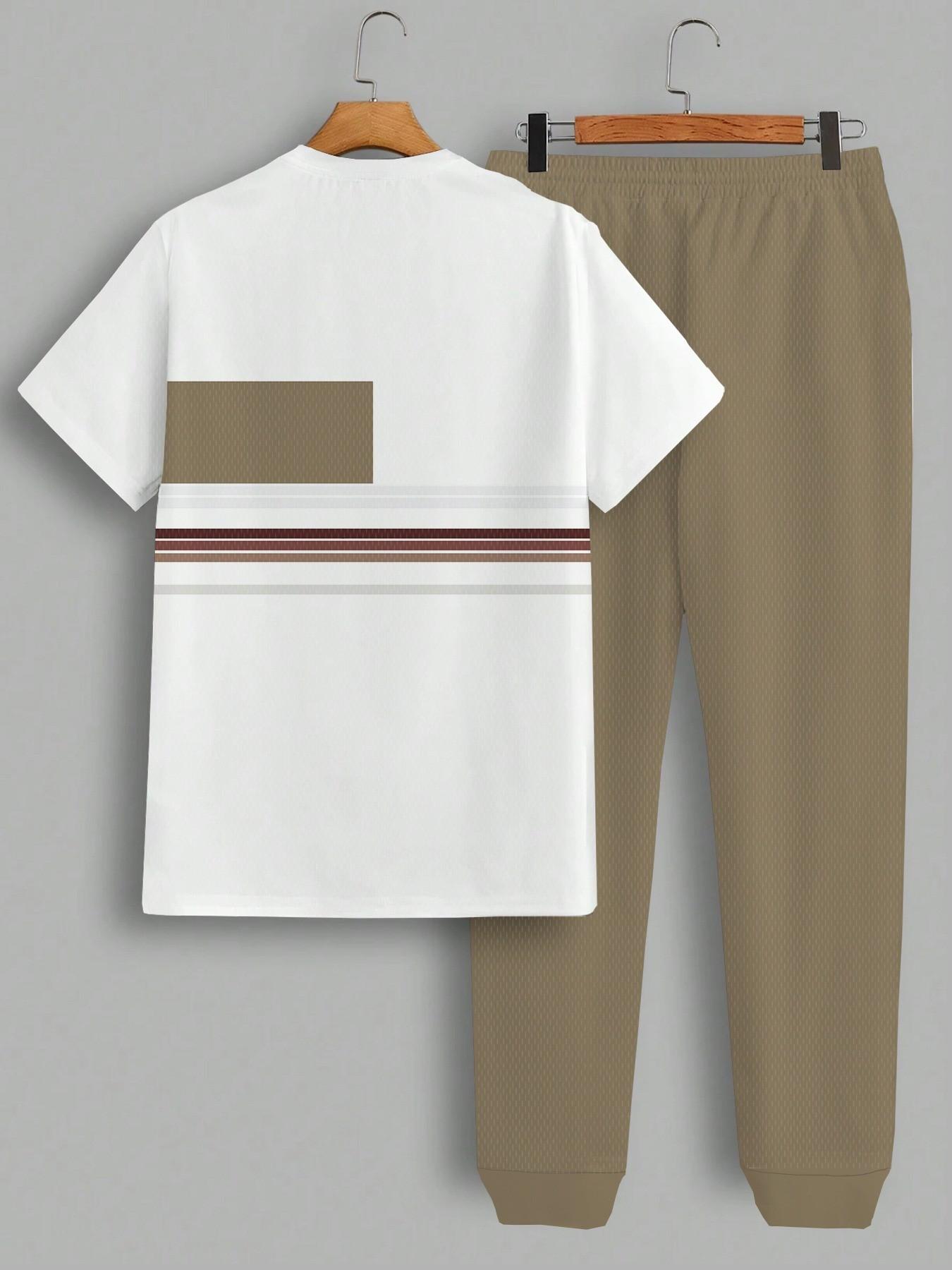 Men's Eagle Flag Striped Two-Piece Set, Casual Short Sleeve Tee and Drawstring Jogger Pants, Streetwear Summer Sports