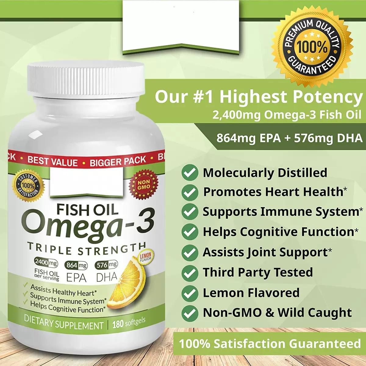 Triple Strength Omega 3 Fish Oil 2400mg, 180 Capsules, Burpless Lemon Flavor, High Epa Dha, Joint Support, Heart Brain Health Triple Strength Omega 3 Fish Oil 2400mg, 180 Capsules, Burpless Lemon Flavor, High Epa Dha, Joint Support, Heart Brain Health