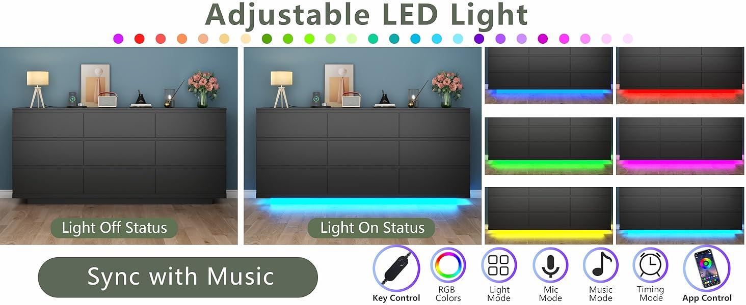 Floating White Dresser Chest of Drawers with LED Light, 9 Drawers, Modern Design, Black Finish, Ideal for Storage and Aesthetic Interior drawer dresser