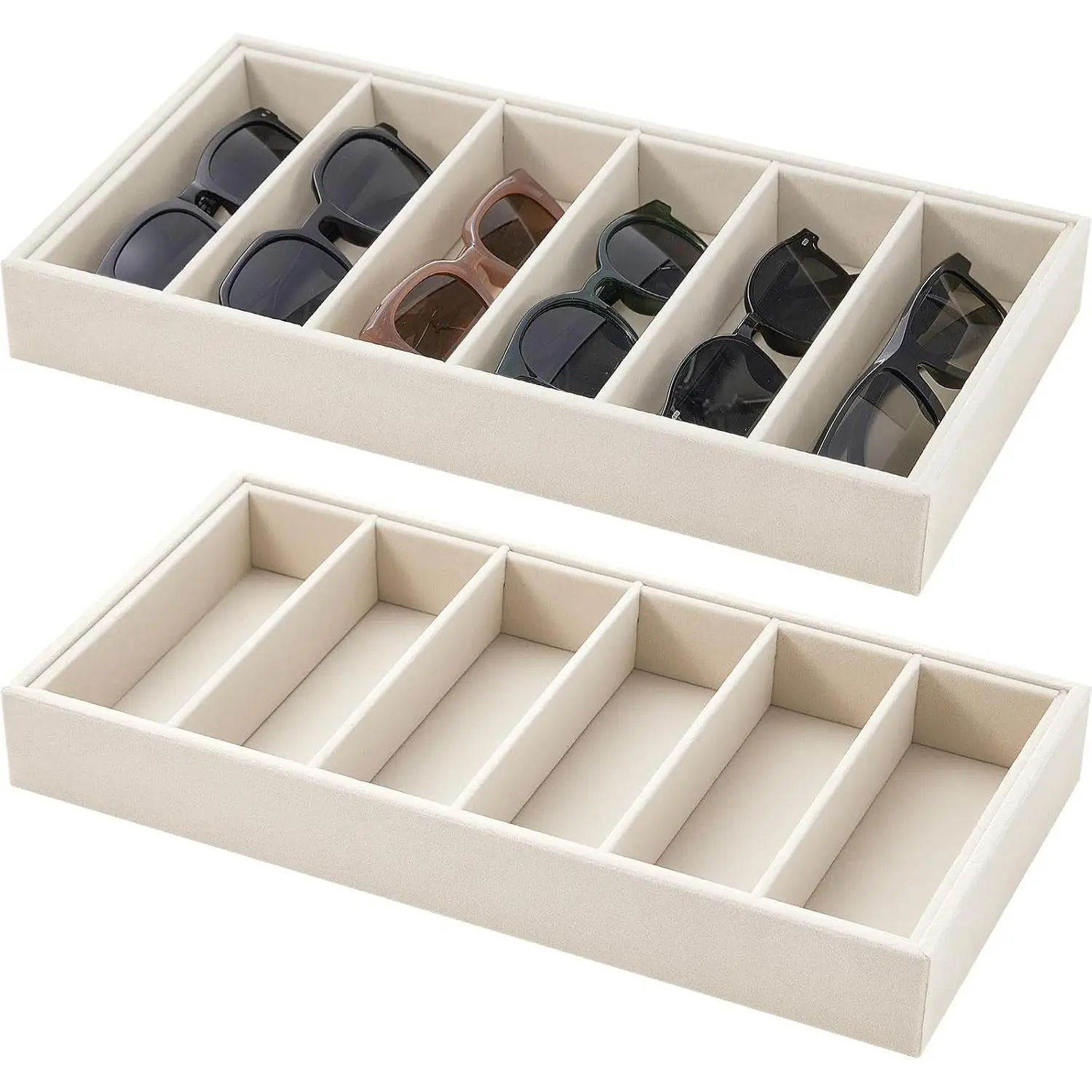 2 Pcs Velvet Sunglasses Organizer Tray 6 Grid Sunglass Organizer Velvet Tray Stackable Glasses Display Case for Women Glasses Jewelry Display Watch (Beige)