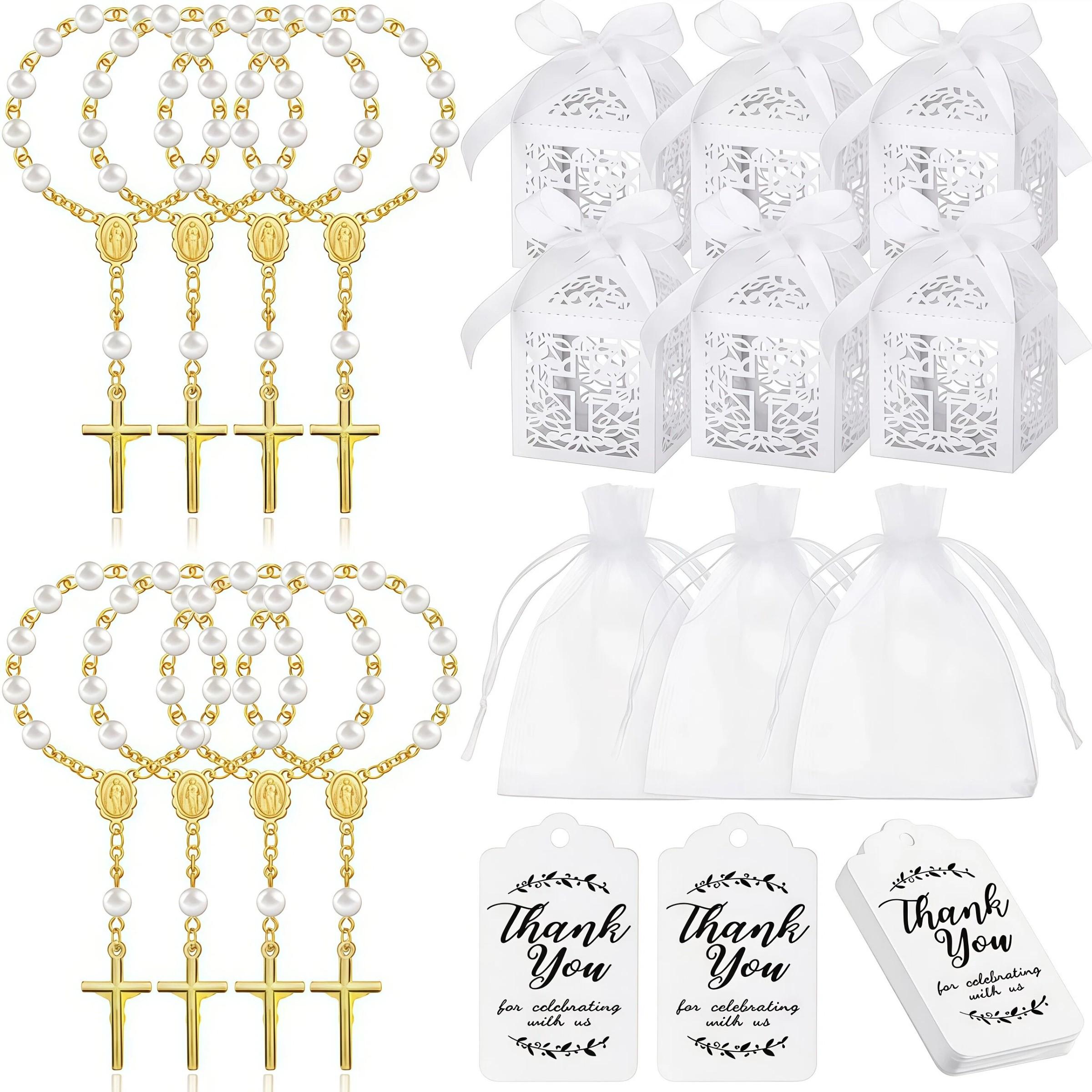 120pcs Baptism Shower Wedding First Communion Decoration Kit, Includes Mini Beads, Cross-Shaped Boxes, Gift Bags, Kraft Paper Labels