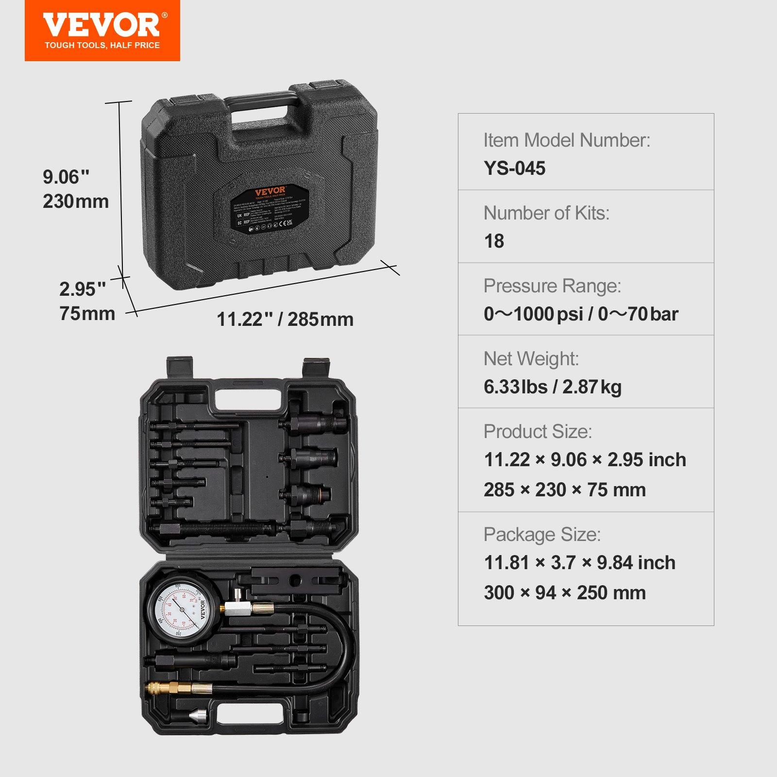 【Summerfinds】VEVOR Diesel Engine Compression Tester, 18 pcs Cylinder Pressure Test Tool Kit, with 0-1000 psi Gauge and Adapters, Diesel Injector Tester Check Cylinders in Diesel Trucks, Tractors, Equipment, Quick Connect