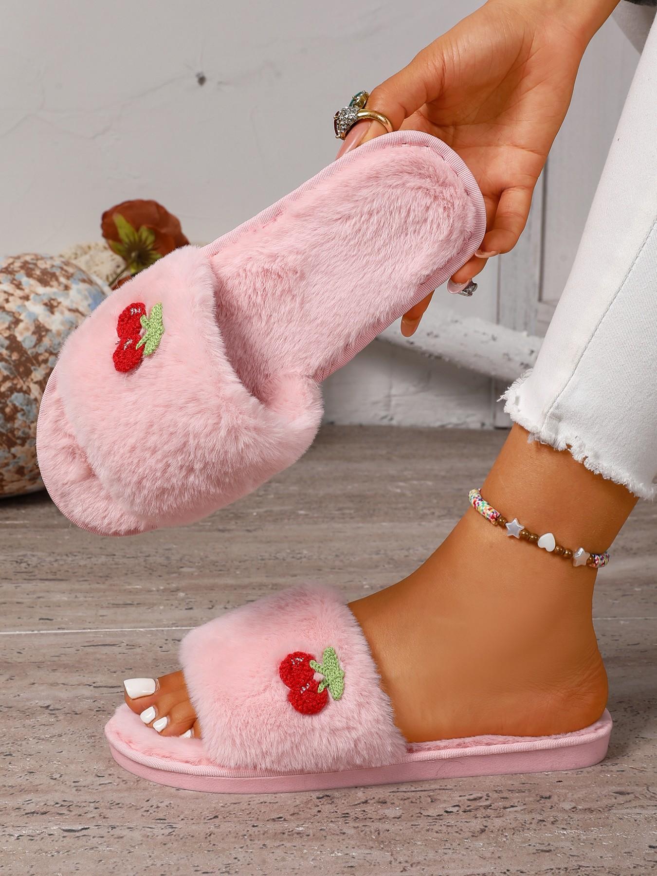 Cute Cherry Plush Casual Women's Slippers, Comfortable Indoor Warm Shoes, Fashion Home Footwear, Soft Textile Upper, Rubber Sole