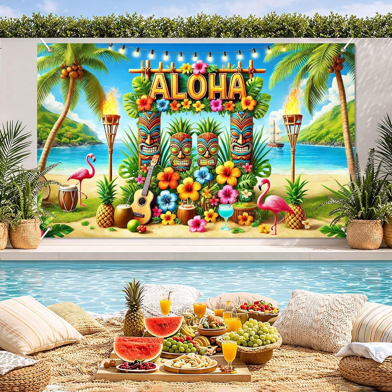 Aloha Hawaii Backdrop Banner, Beach Tropical Photography Decoration, Summer Hawaiian Flamingo Floral Palm Leaves, Party Supplies