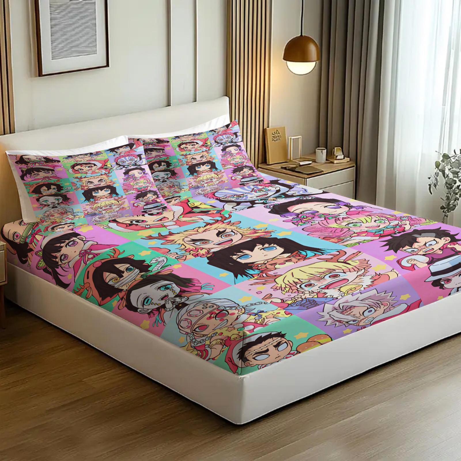 3-Piece Demon Slayer Bedding Set, Comfortable Printed Design, Includes 1 Fitted Sheet & 2 Pillowcases, Non-Slip, Perfect Gift, Bed Sheets