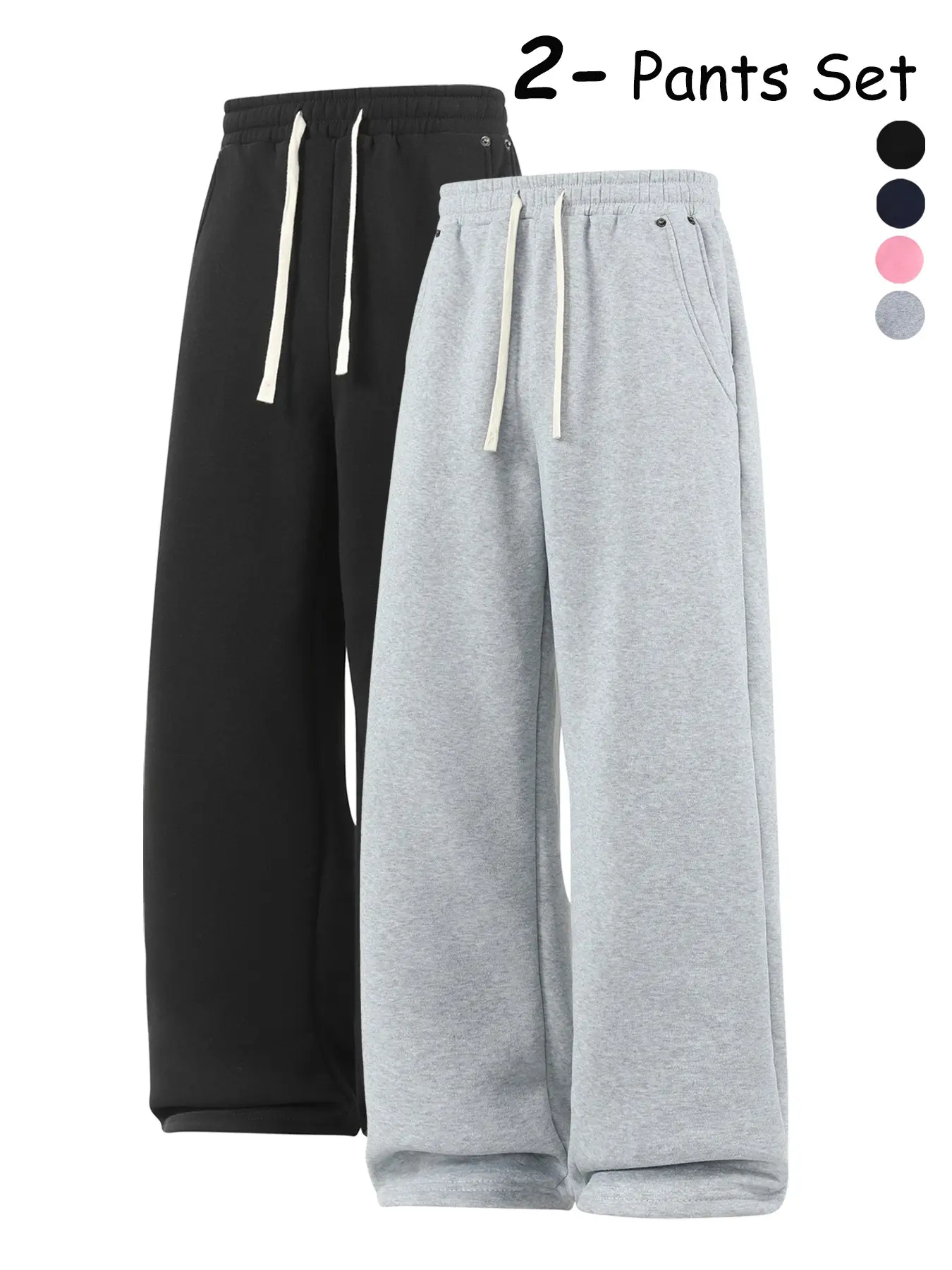 Men's Casual Solid Color Fleece-Lined Sweatpants, Street Style Loose-Fit Drawstring Waist Trousers for Fall and Winter, Side Pockets with Rivets Detail, Comfy Pants
