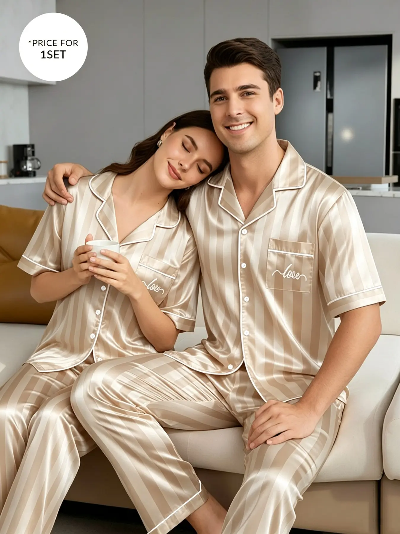 Couple Unisex Striped Short Sleeve Pajama Set, Button Front Top & Long Pants, Loose-Fit Casual Sleepwear for All Seasons