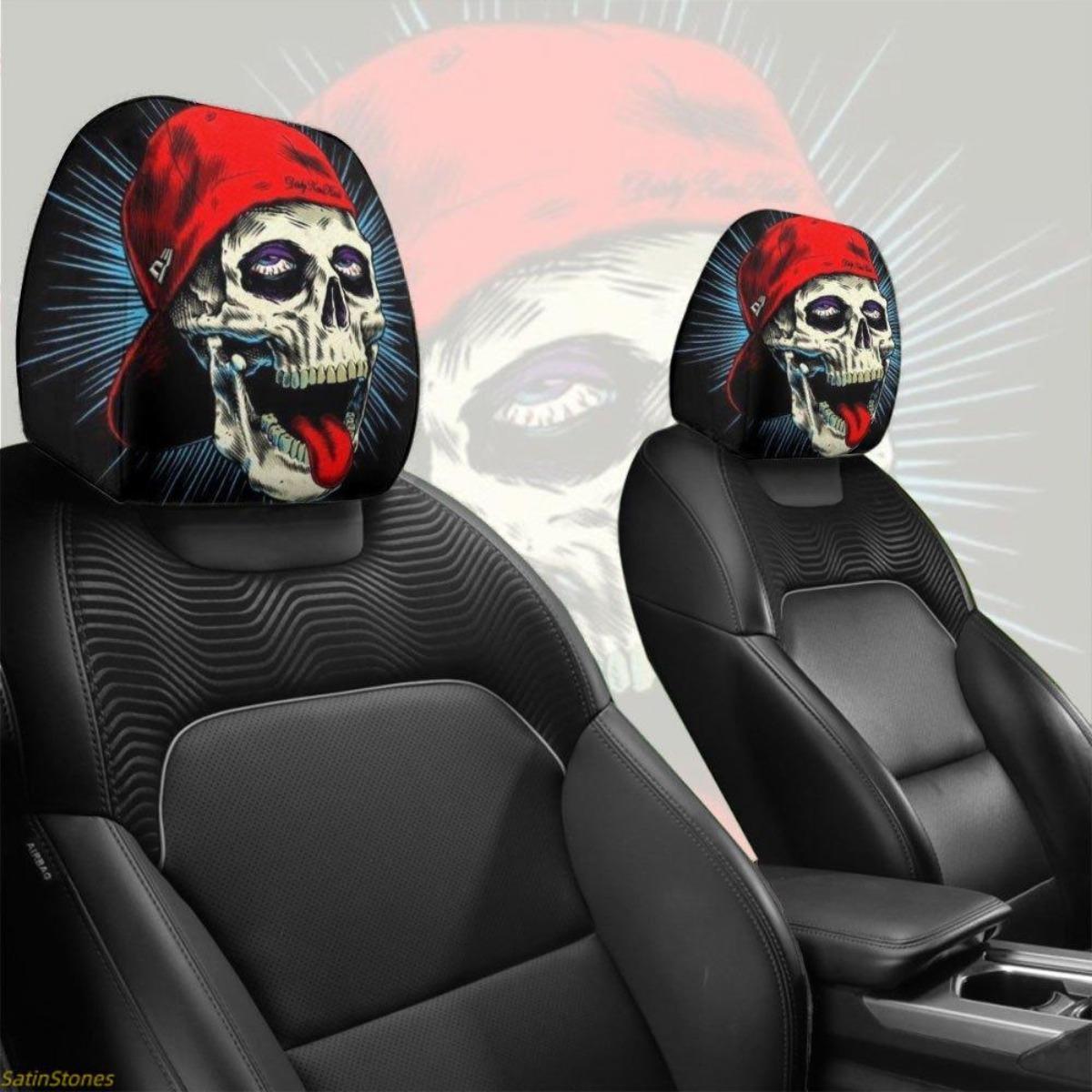 Gothic Hip Hop 2-Pack Car Headrest Covers with Skull Print, Soft Fabric, Easy Installation, Hassle-Free Wash, Durability Enhancement, Universal Fit Vehicle Decoration for Road Trips