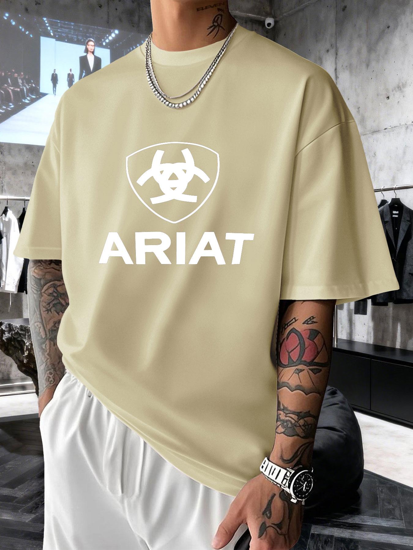 Men's Short Sleeve T-Shirt Summer Ariat Shield Logo Print, Western Cowboy Style Loose Fit Top, Casual Long Clothing for All Seasons