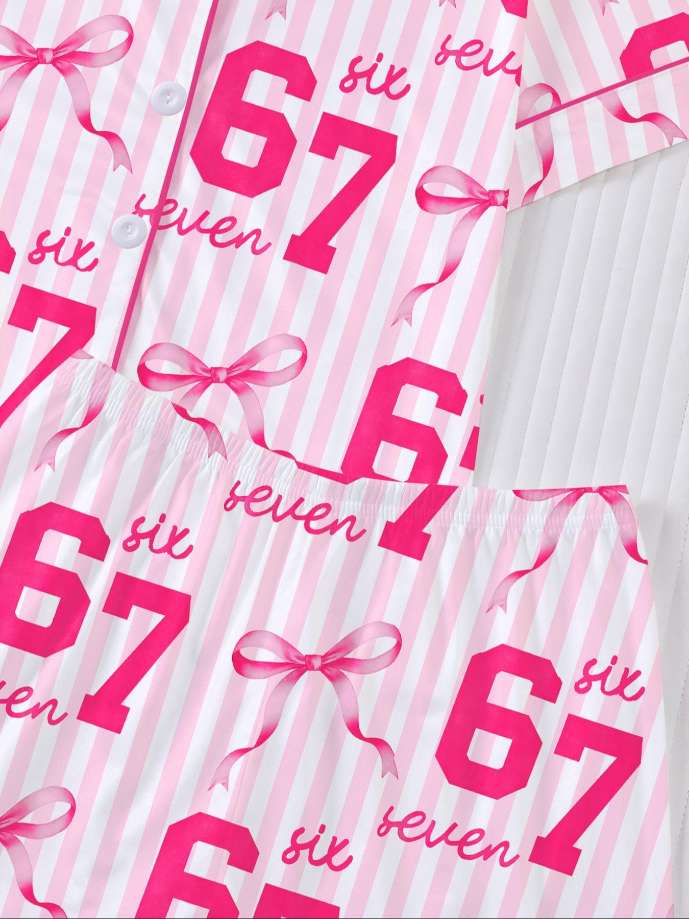 Striped Pajama Set, Fire-Retardant Button-Front Ruffled Shirt & Elastic-Waist Shorts, Casual Cartoon Print Sleepwear