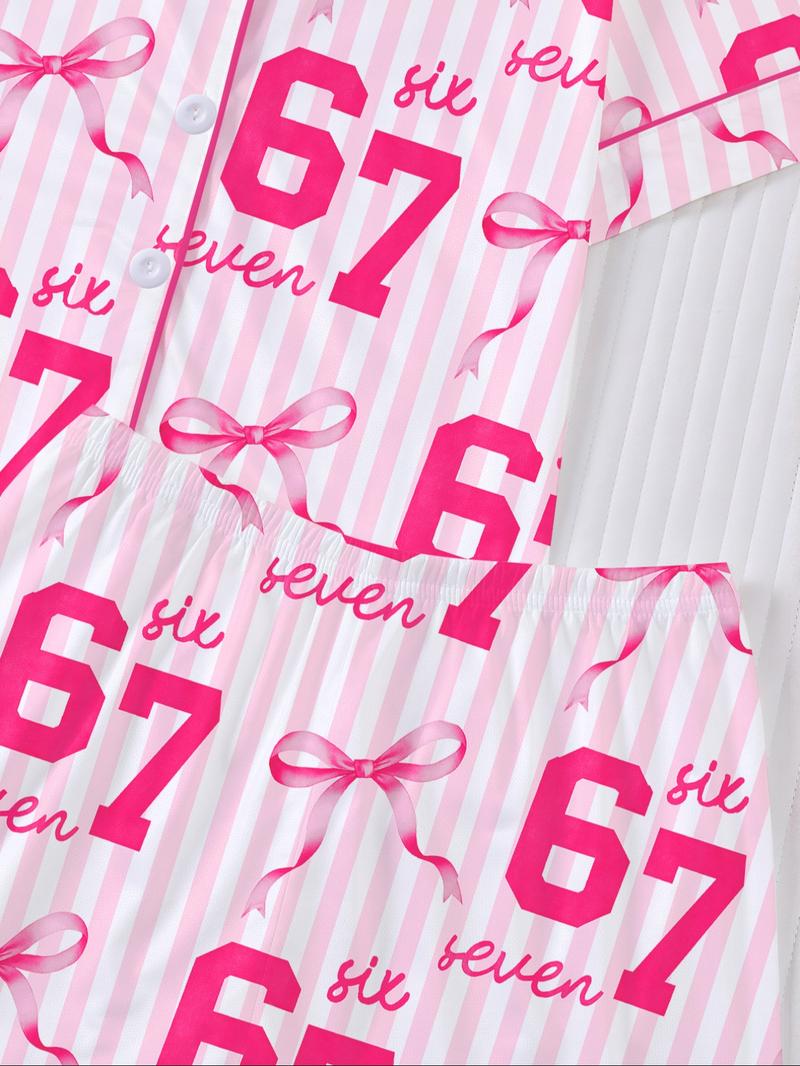 Striped Pajama Set, Fire-Retardant Button-Front Shirt & Elastic-Waist Shorts, Casual Cartoon Print Sleepwear