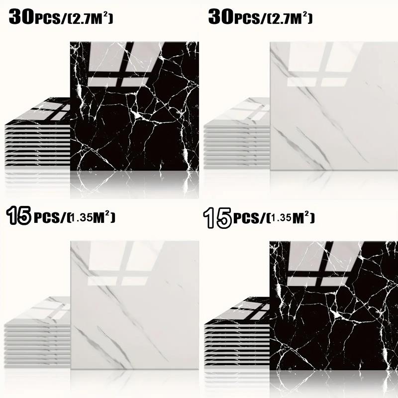 Wall Panels, 15/30pcs Wall Tiles Peel And Stick Waterproof, Self-Adhesive PVC Wall Panels for Kitchen, Bathroom-11.8"x11.8" Kitchen Tile, Essential for Decoration, Housewarming Gift, Birthday Gift(Not Real Tiles, White And Black Marble Pattern)