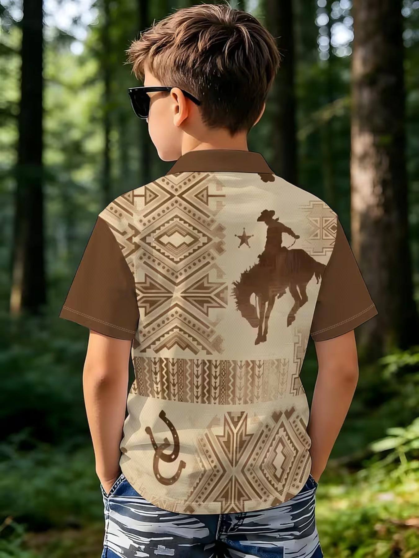 Fashion Short Sleeve Polo Shirt, Loose Fit, Horse Print, Boys' Summer Top, Breathable and Comfortable Kids Clothing