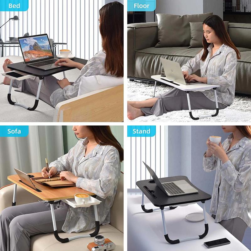 PHANCIR Foldable Lap Desk(No USB), 23.6 Inch Portable Wood Laptop Desk Table Workspace Organizer Bed Sofa Tray with Slots/Cup Holder/Drawer, Anti-Slip for Reading Writing Eating Watching
