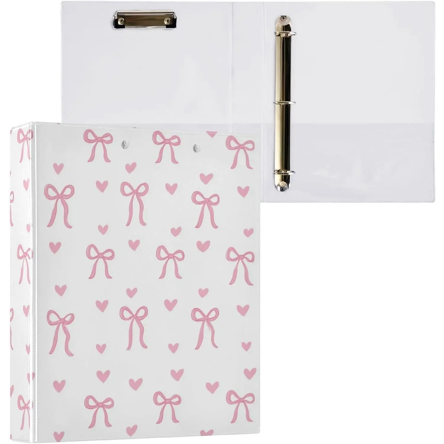 Cute Pink Bow 3 Ring Binder 1.5 Inch Girls Coquette Bow Round Clipboard Binder Decorative Harcover Binders Organizer for Office Schhol Supplies