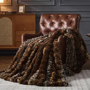 Faux Fur for Couch Bed Warm Thick Throw Blanket for Bedroom Living Room Soft Cozy Plush Decorative Bubble Furry Blanket Print Blanket (Leopard-Coffee, 51''x63'')