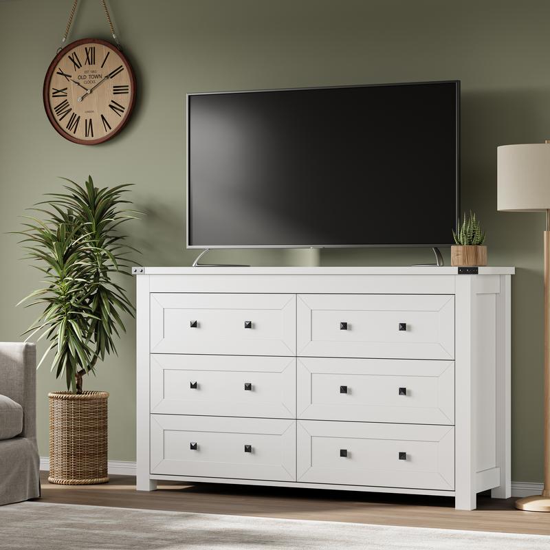White Dresser 6 Drawer Dresser for Bedroom, Modern Wood Chest of Drawers with Metal Handles, TV Stand and Storage Cabinet for Living Room, Hallway, Nursery, Closet