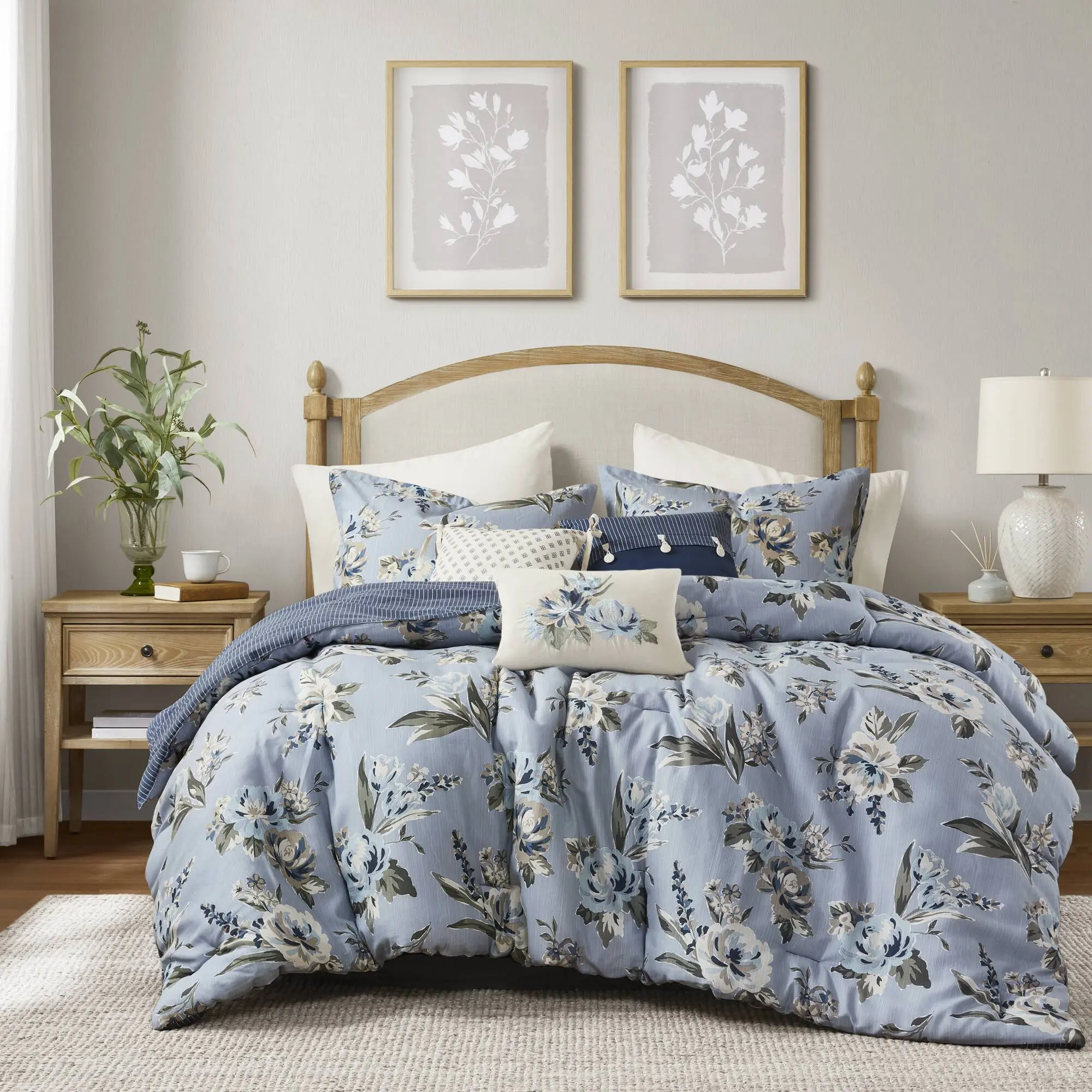 Nokaa 7-Piece California King Vintage Floral Comforter Set – Cotton Slub Texture, Reversible Design, All-Season Lightweight Bedding, Machine Washable, Blue