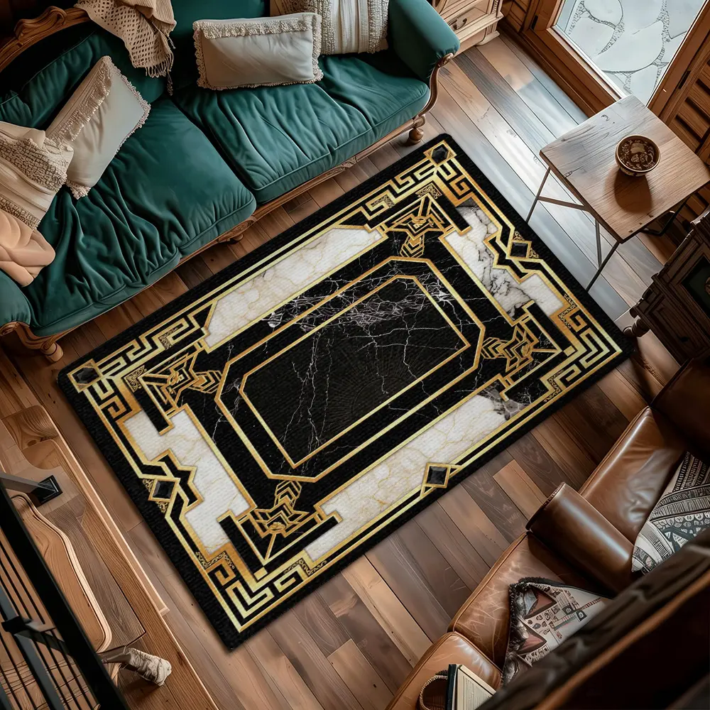 Geometric Golden Greek Key Marble Flannel Entry Way Rugs Indoor #LuxuryEntrywayRug #BlackWhiteGoldMat #FlannelCarpet #ModernHighEndHomeDecor